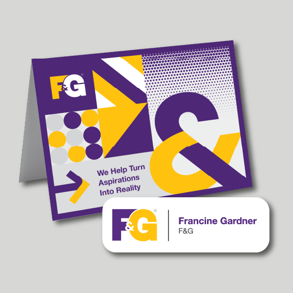 notecards and name badges with F&G branding